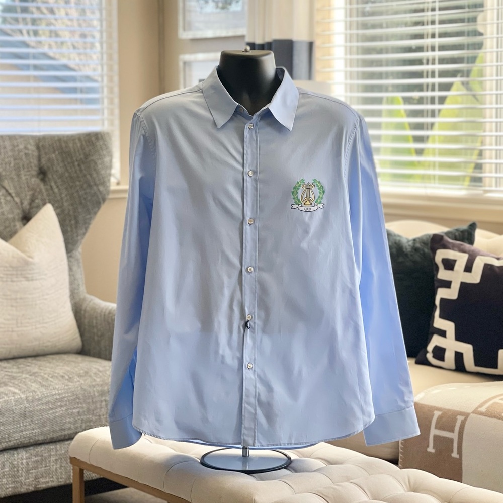 Mens Gucci Embroidered Lyre Placed Fil Coupe Dress Shirt